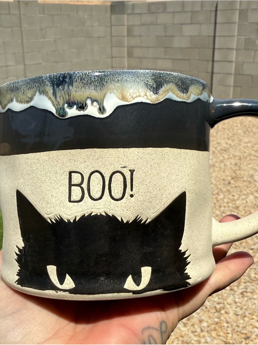 Handcrafted 'BOO!' Cat Ceramic Mug - Black and Cream